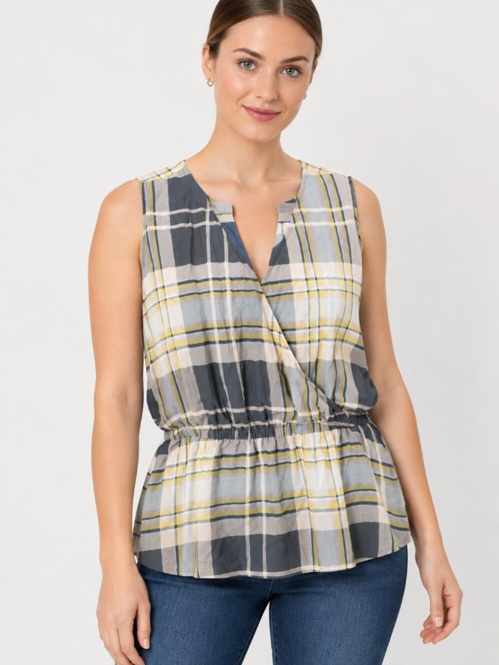LOFT Outlet Plaid Checkered Blouse Multicolor V Neck Sleeveless M NWT
